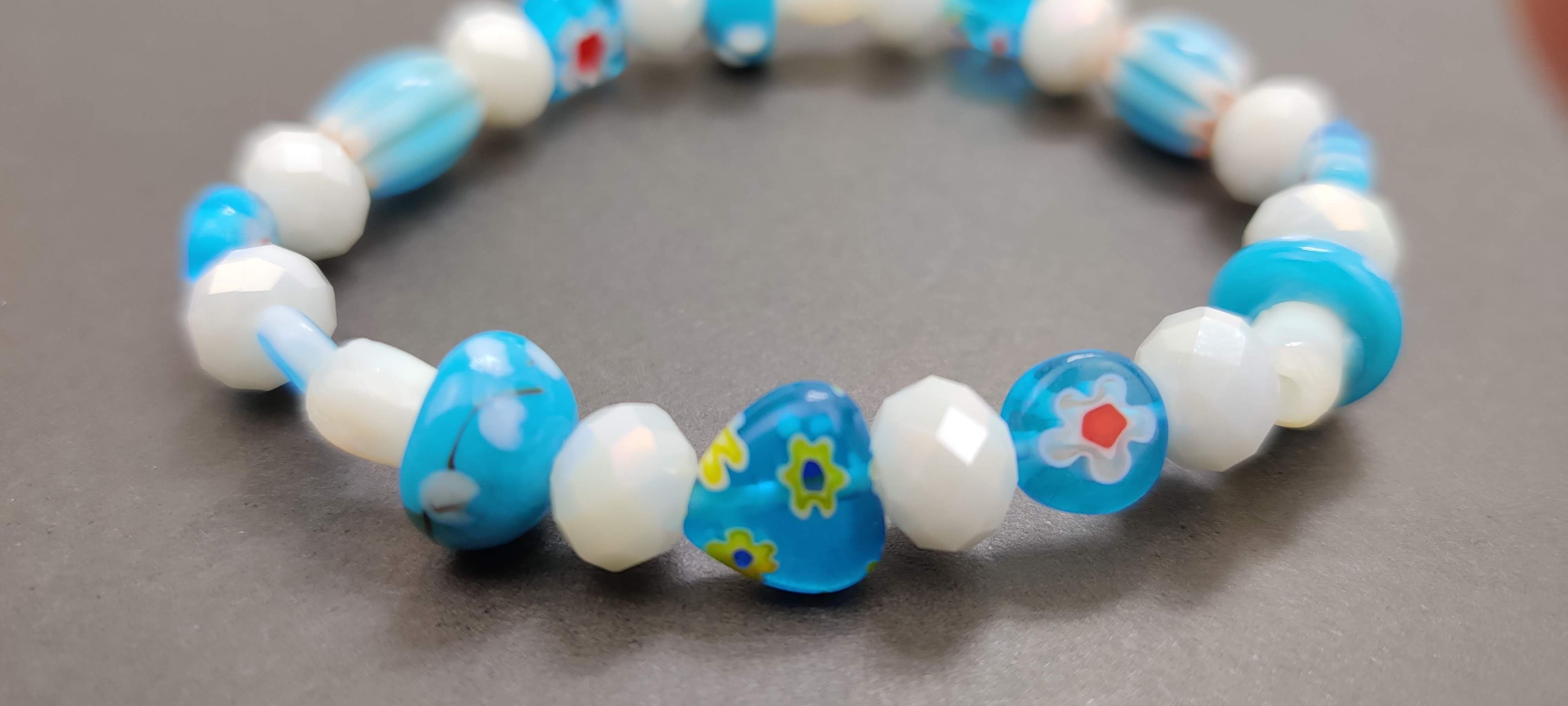 Lampwork Glass Millefiori Beads Stretch in Light Blue and White Glass Beads Bracelet