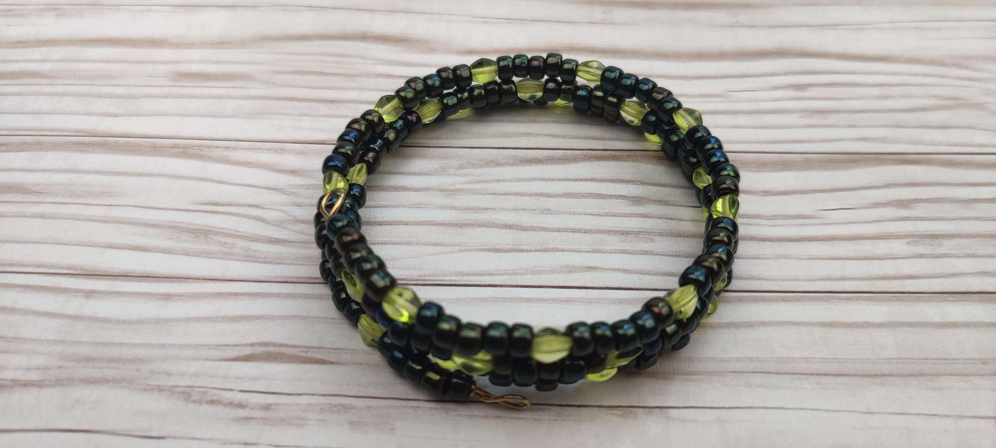 Black and Light Green Beads Memory Wire Bracelet