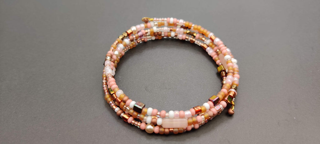 Peach, White, and Shades of Brown Beads Memory Wire Bracelet