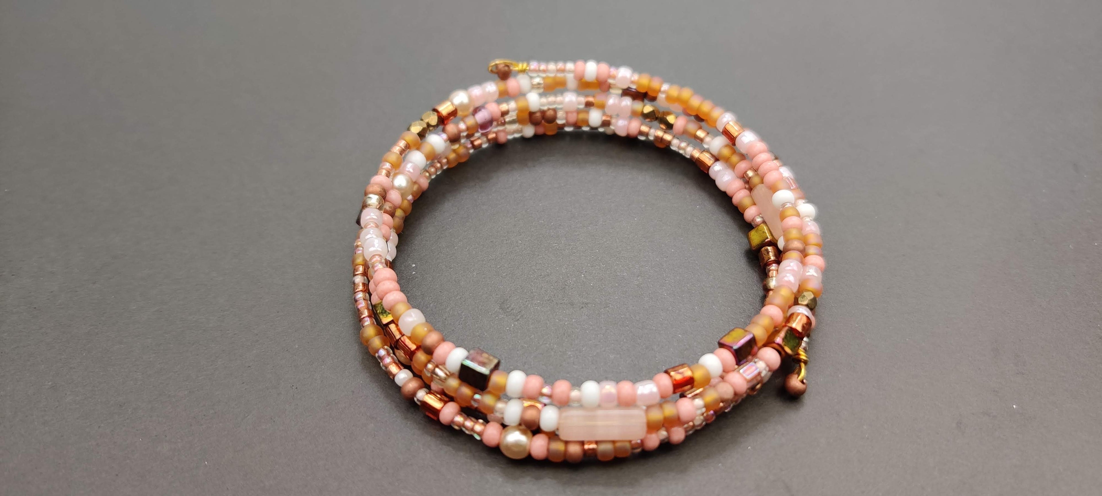 Peach, White, and Shades of Brown Beads Memory Wire Bracelet