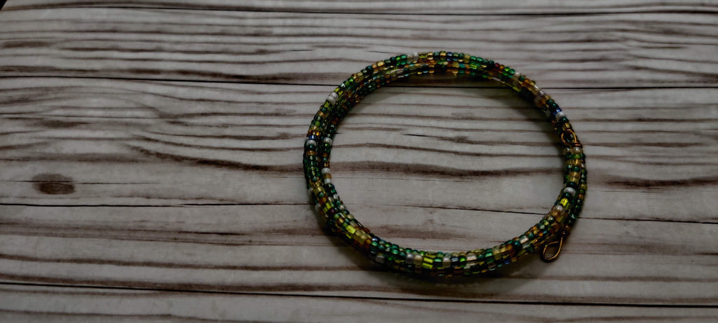 Green, Brown, and White, and Shades of Seed Beads Memory Wire Bracelet