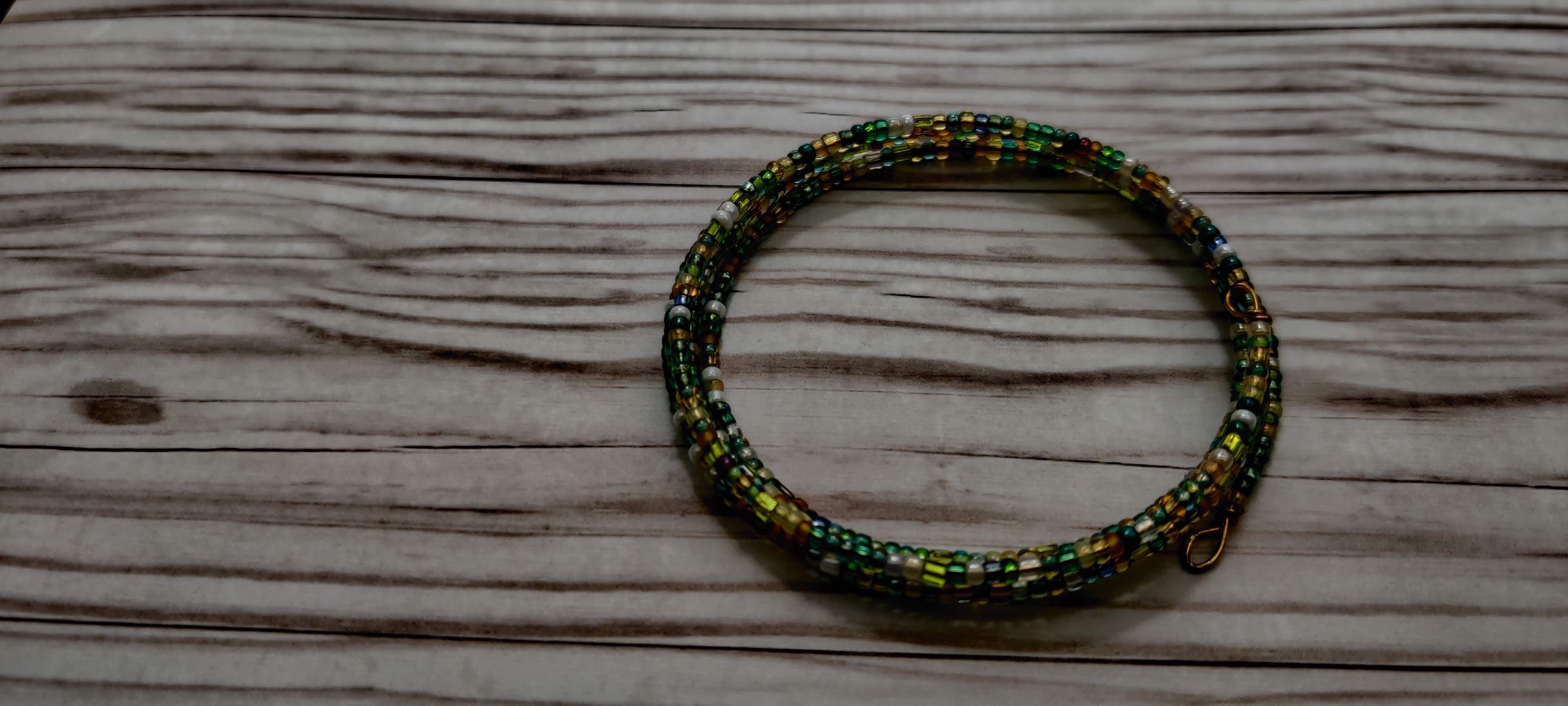 Green, Brown, and White, and Shades of Seed Beads Memory Wire Bracelet