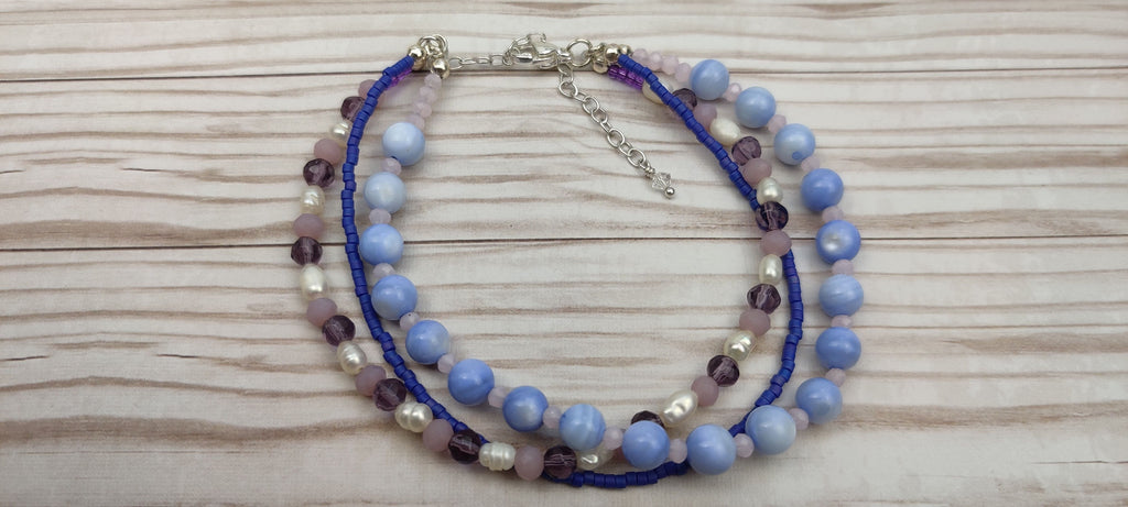 Three Strand Bracelet with Blue and Purple Glass Beads