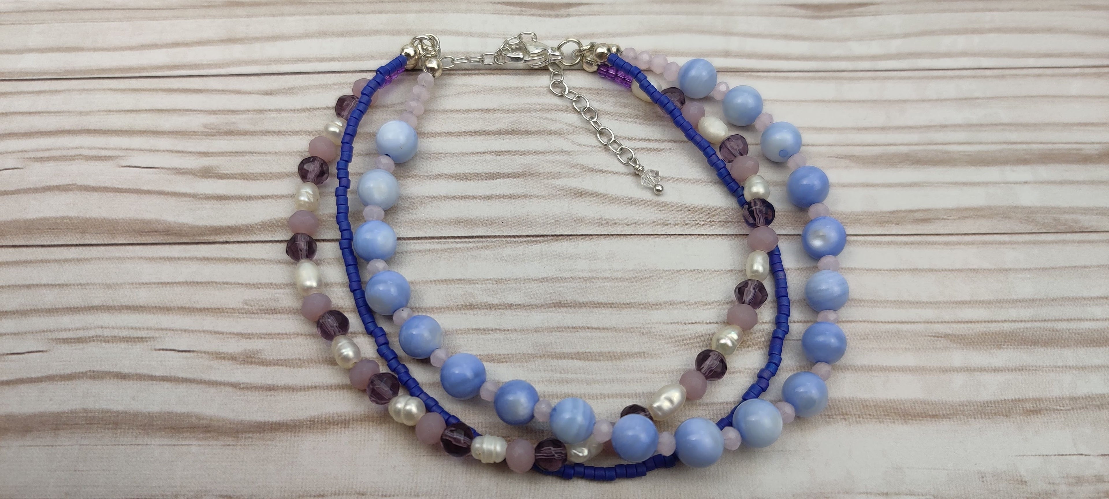 Three Strand Bracelet with Blue and Purple Glass Beads