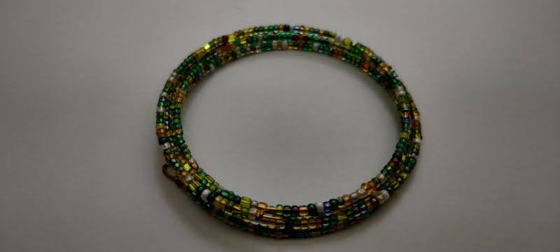 Green, Brown, and White, and Shades of Seed Beads Memory Wire Bracelet
