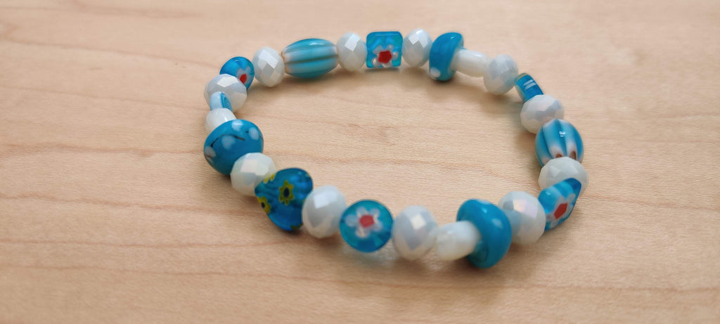 Lampwork Glass Millefiori Beads Stretch in Light Blue and White Glass Beads Bracelet