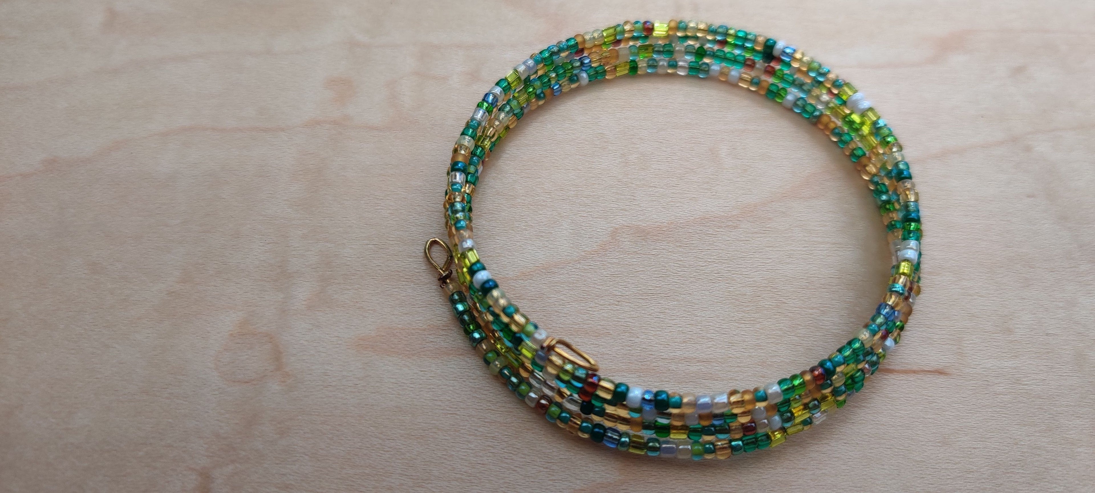 Green, Brown, and White, and Shades of Seed Beads Memory Wire Bracelet