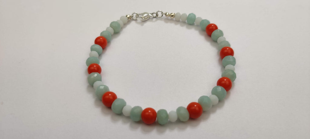 Orange, Light Blue, and White Glass Beads Bracelet