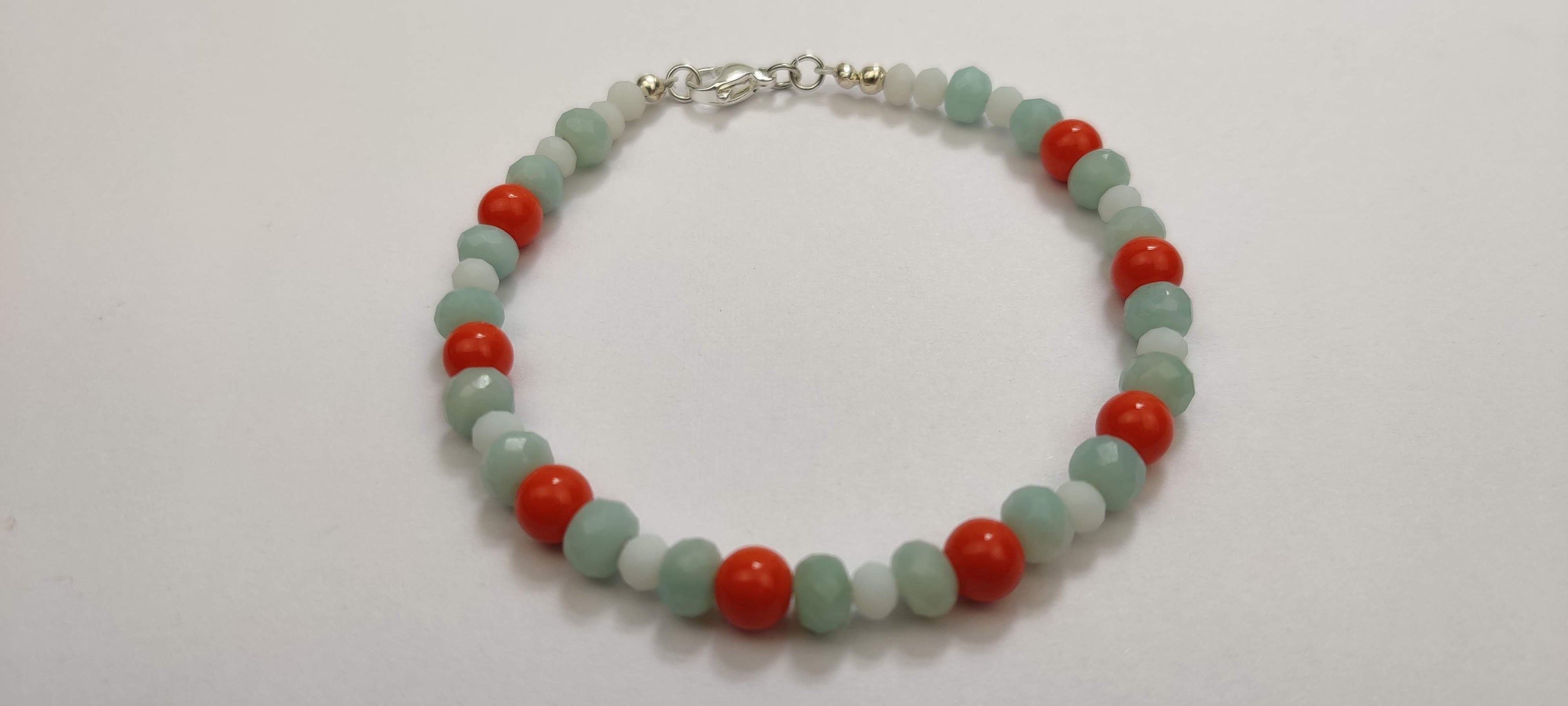 Orange, Light Blue, and White Glass Beads Bracelet