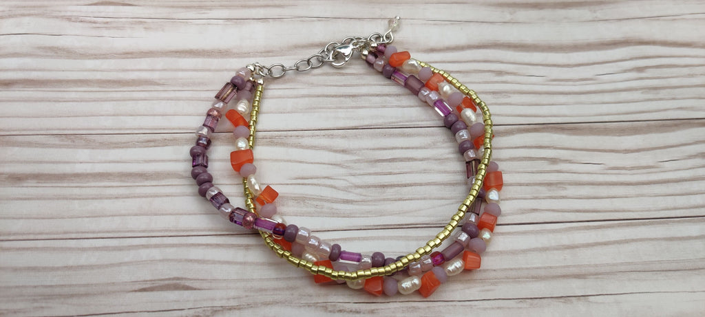Three Strand Bracelet with Gold, Purple, Orange, and Freshwater Pearls Glass Beads