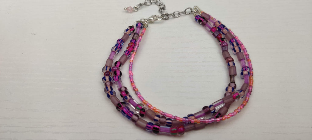 Three Strand Minimalist Bracelet with Purple and Pink Beads