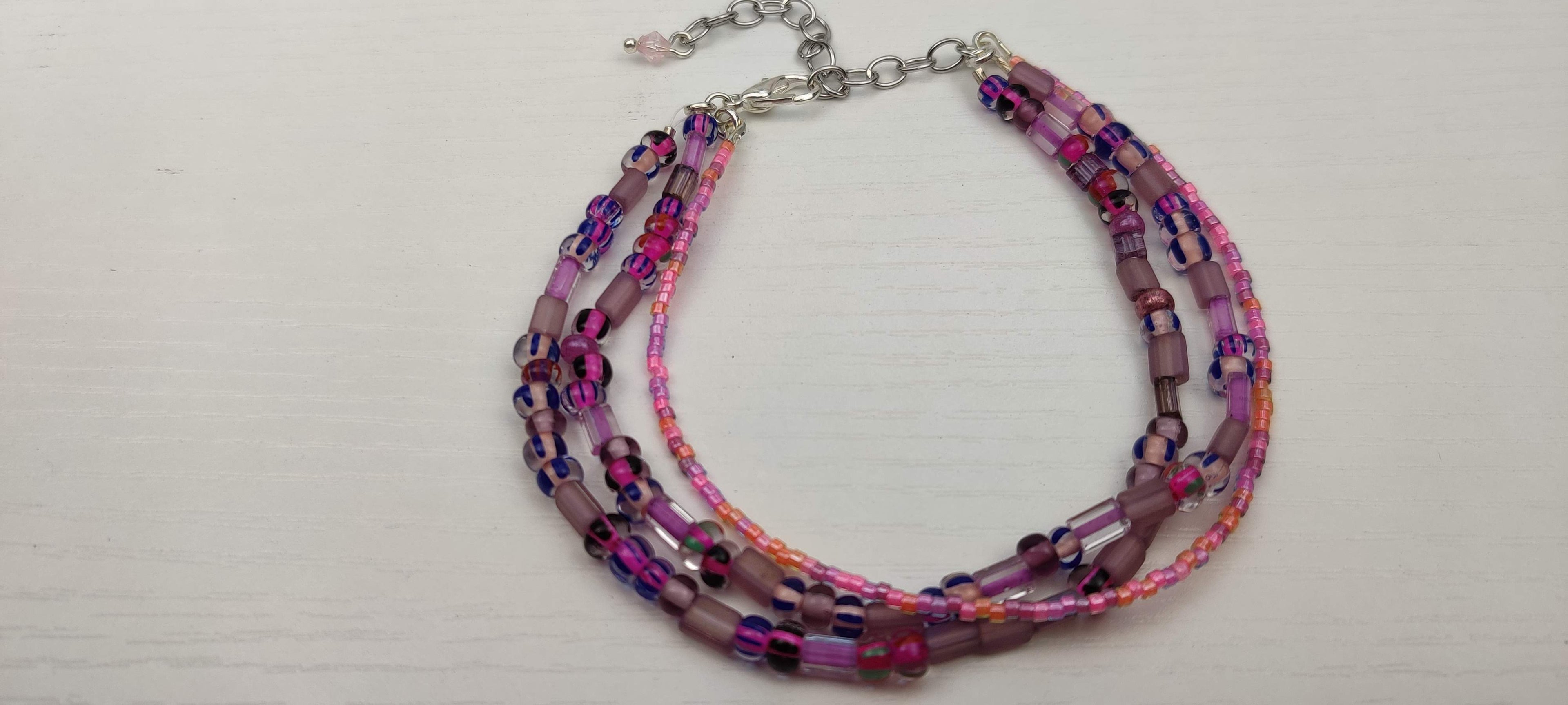 Three Strand Minimalist Bracelet with Purple and Pink Beads