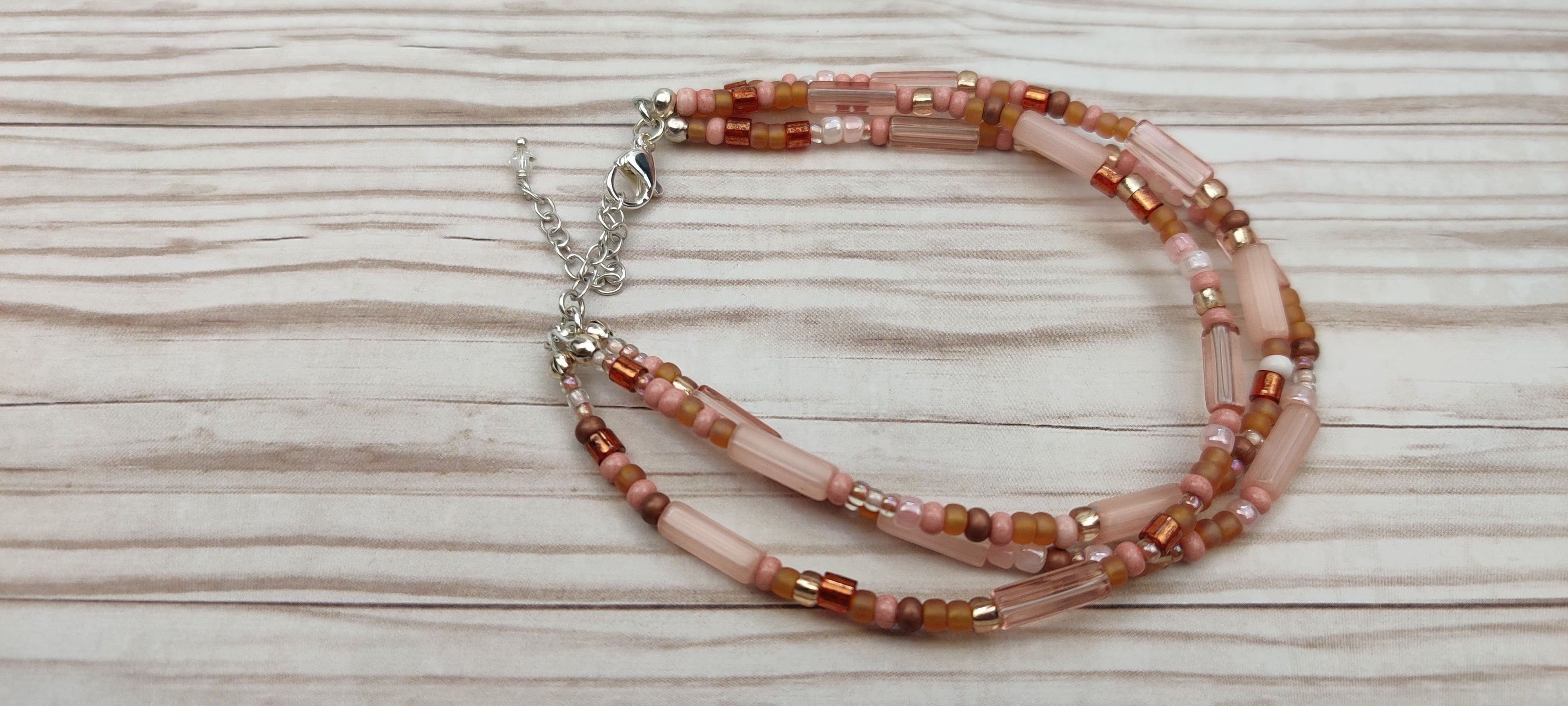 Three Strand Bracelet with Peach and Brown Beads