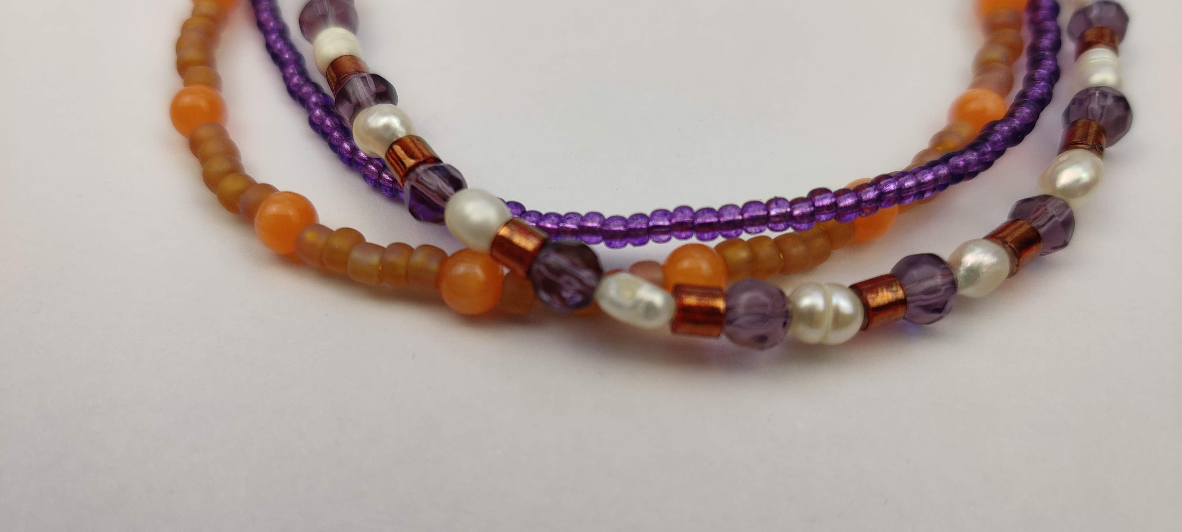 Three Strand Bracelet with Gold, Purple, Orange, and Freshwater Pearls Glass Beads