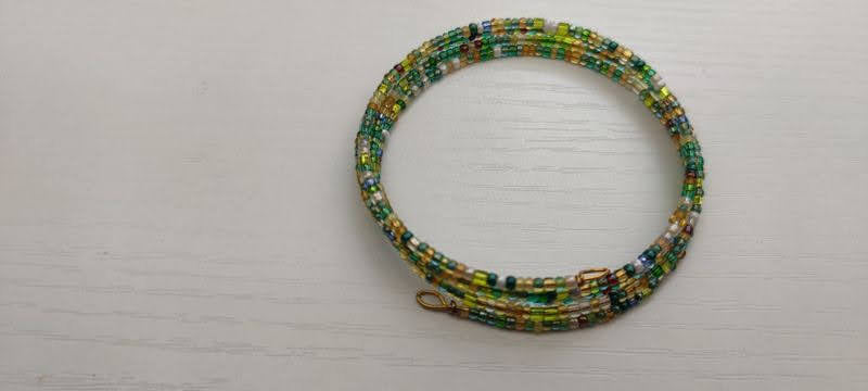 Green, Brown, and White, and Shades of Seed Beads Memory Wire Bracelet