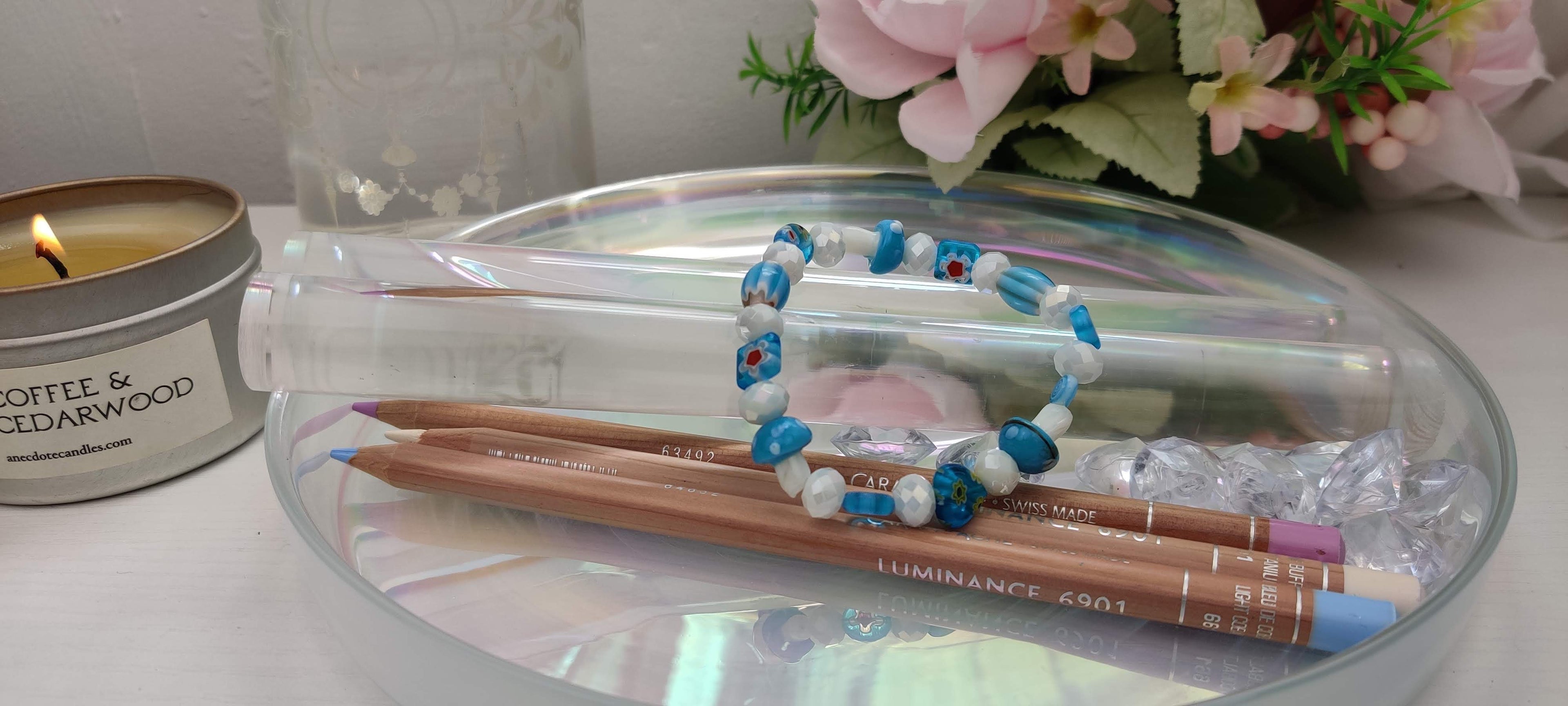 Lampwork Glass Millefiori Beads Stretch in Light Blue and White Glass Beads Bracelet