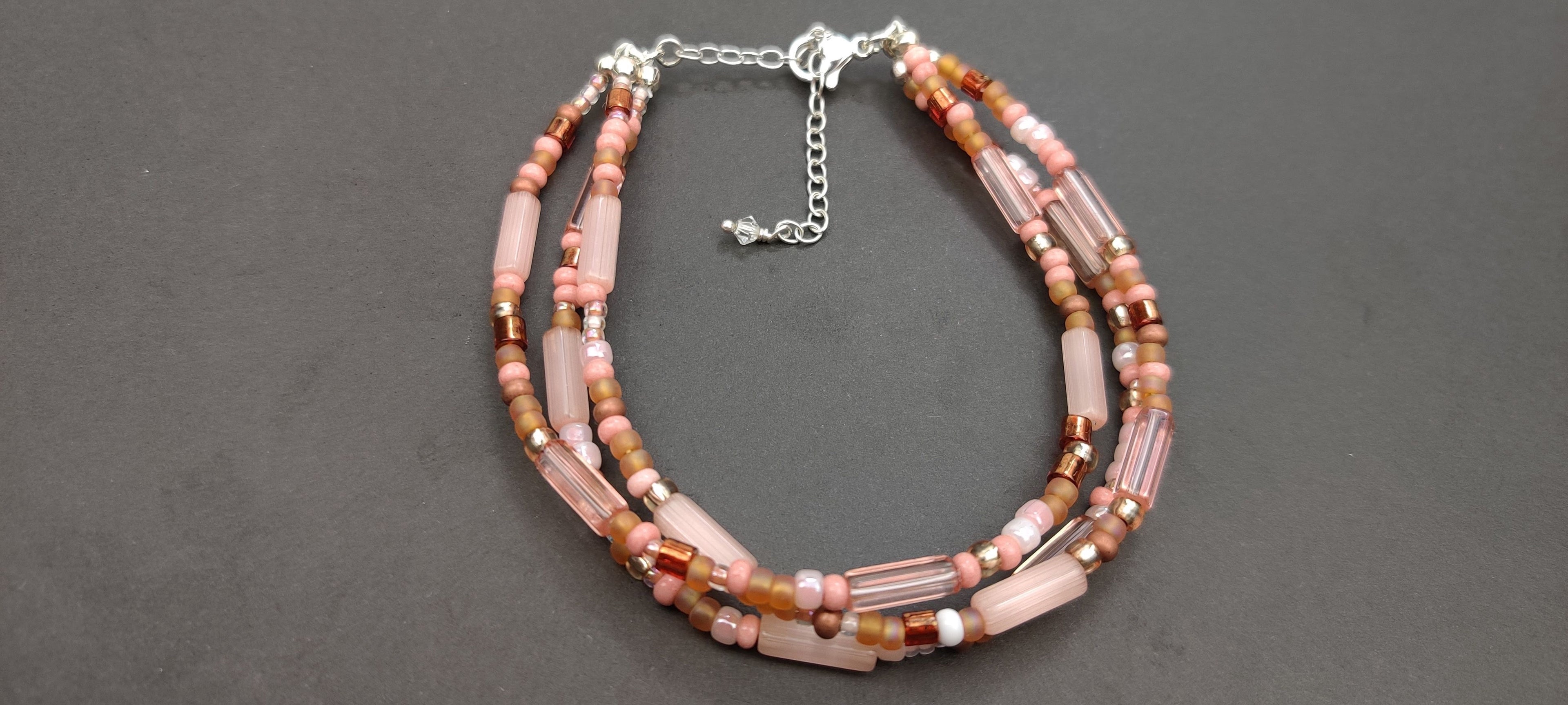 Three Strand Bracelet with Peach and Brown Beads