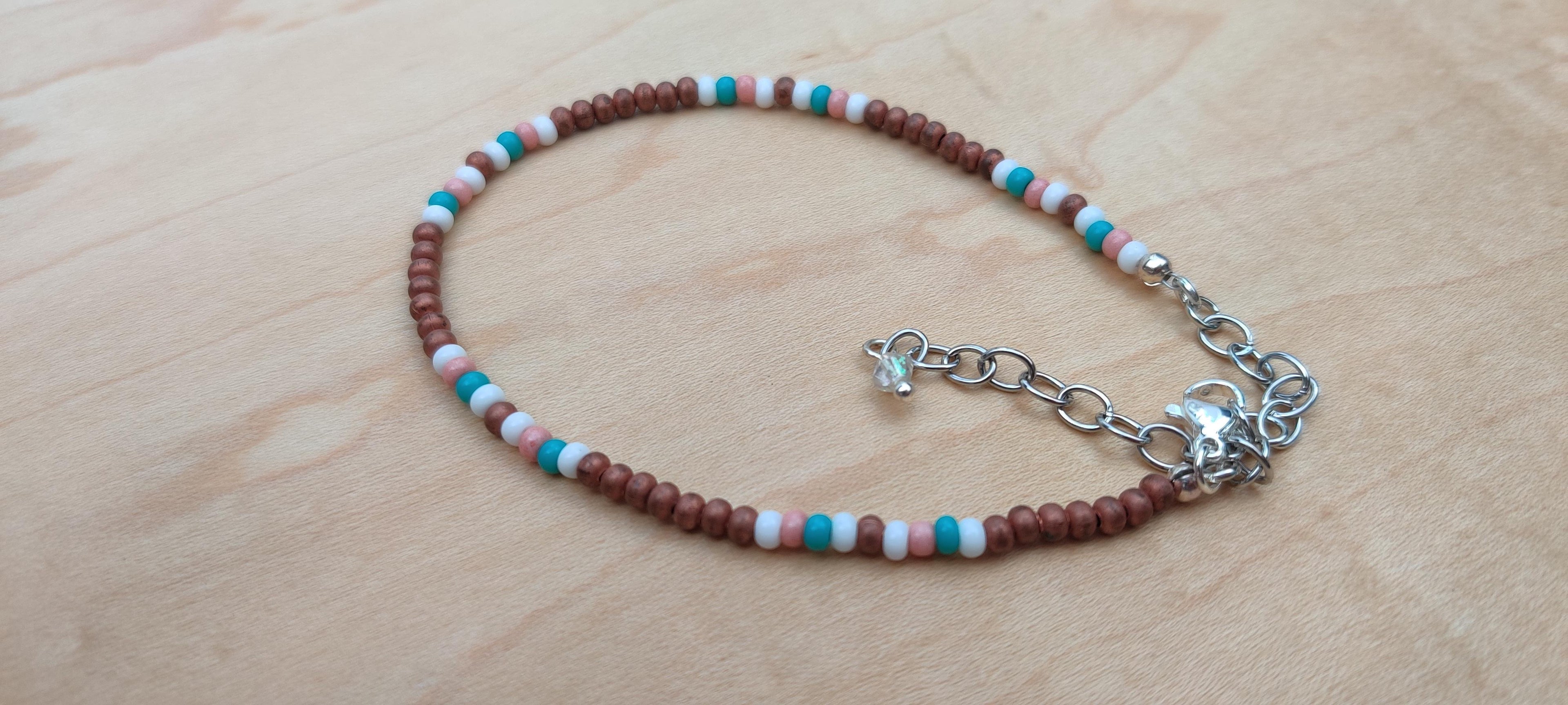 Minimalist Seed Beads Bracelet with Metal, Peach, Aqua, and White Beads