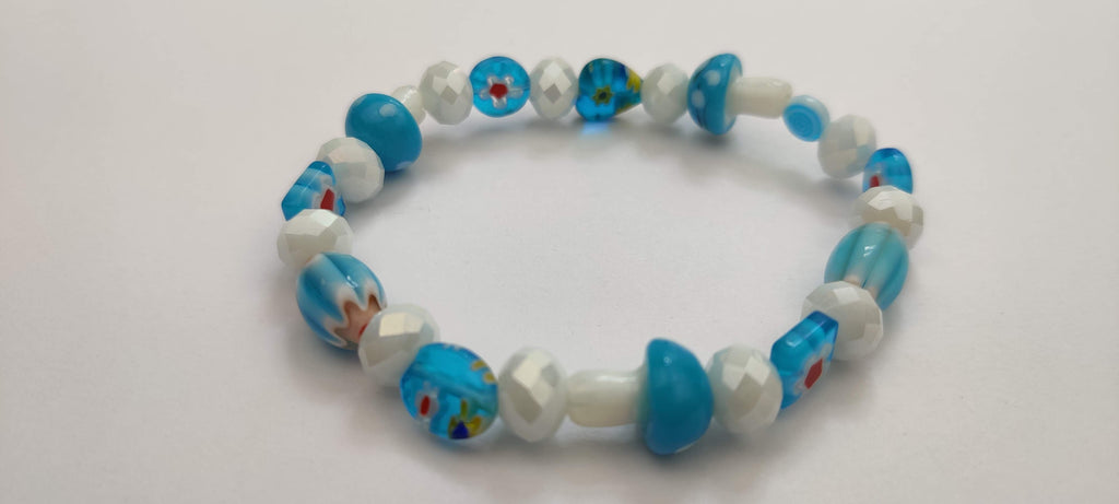 Lampwork Glass Millefiori Beads Stretch in Light Blue and White Glass Beads Bracelet