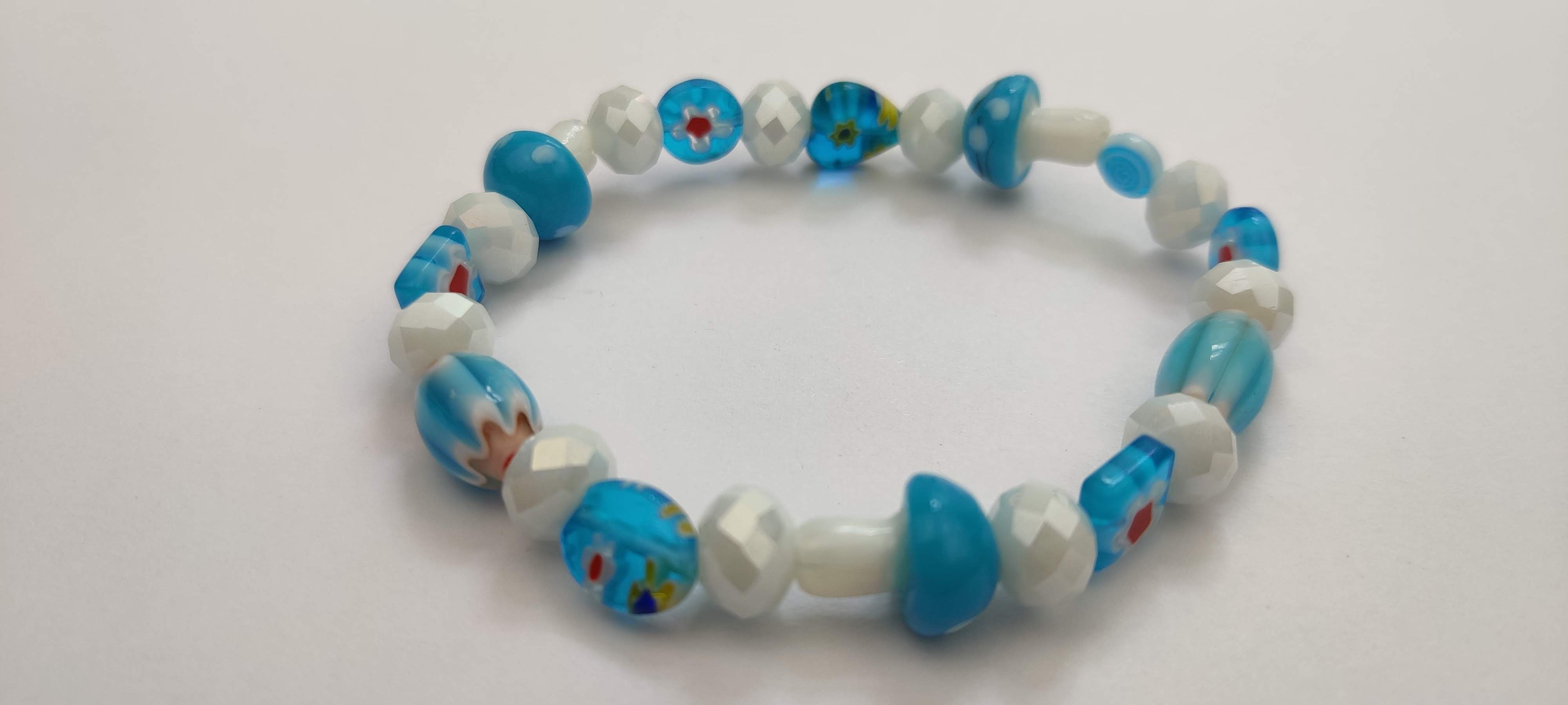 Lampwork Glass Millefiori Beads Stretch in Light Blue and White Glass Beads Bracelet