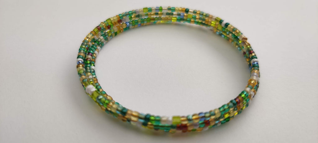 Green, Brown, and White, and Shades of Seed Beads Memory Wire Bracelet