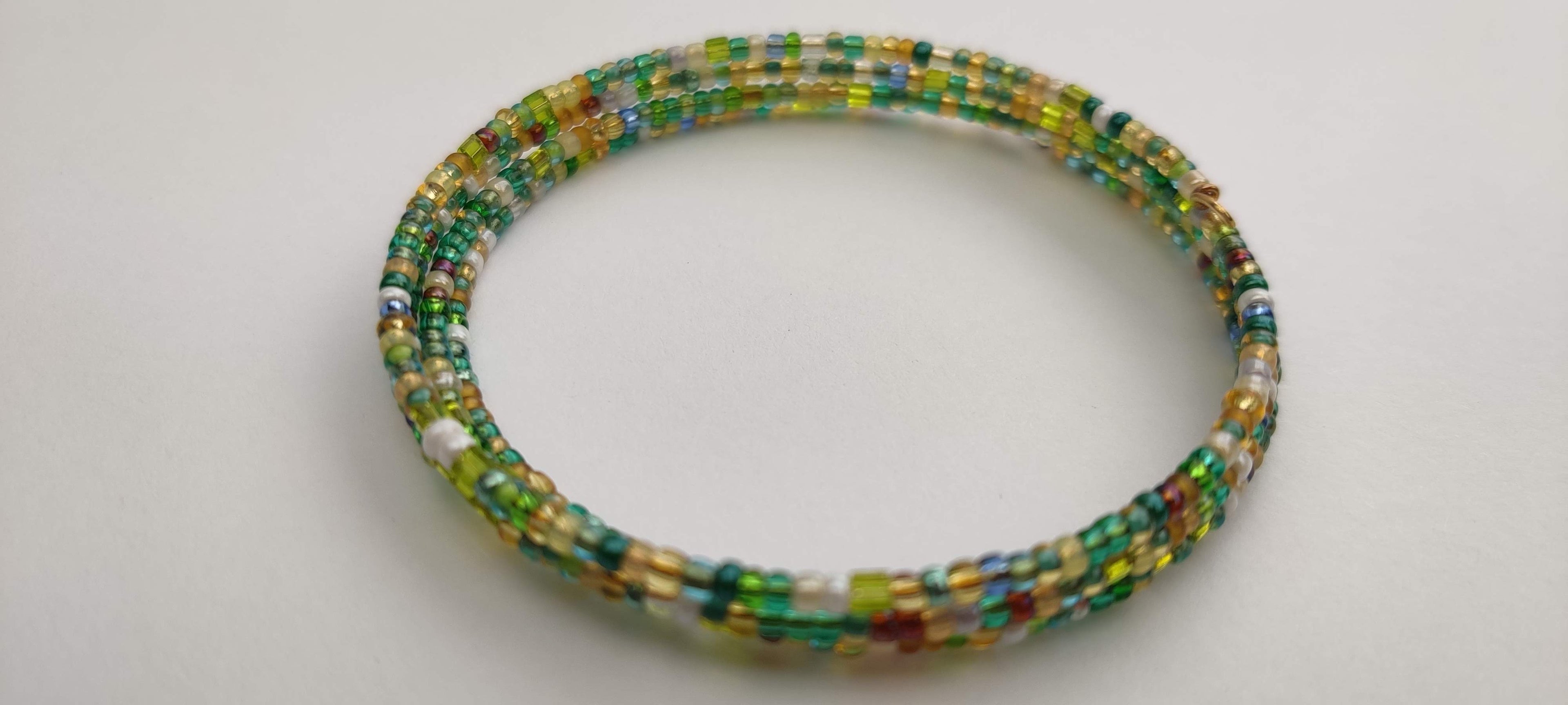 Green, Brown, and White, and Shades of Seed Beads Memory Wire Bracelet