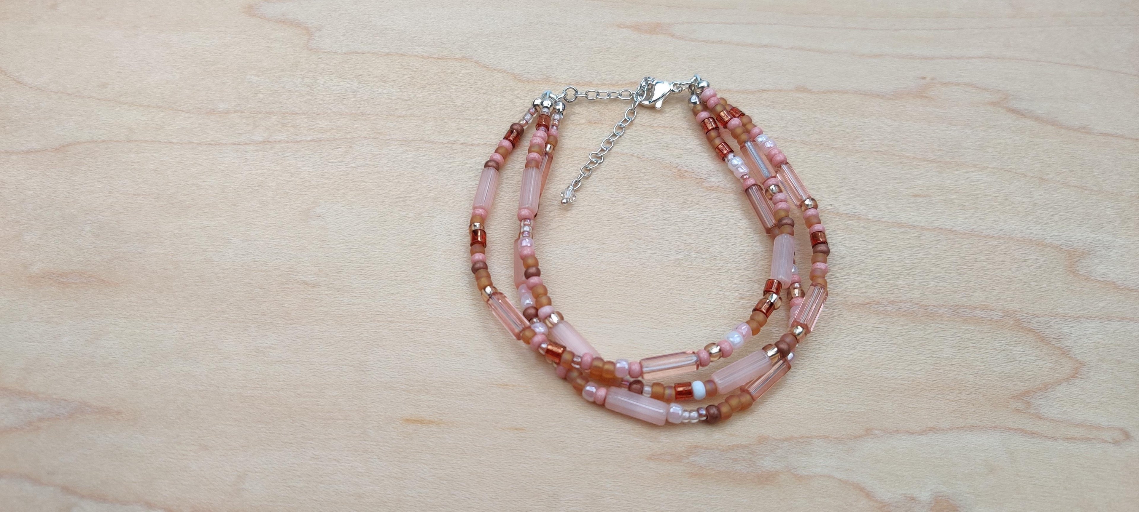 Three Strand Bracelet with Peach and Brown Beads
